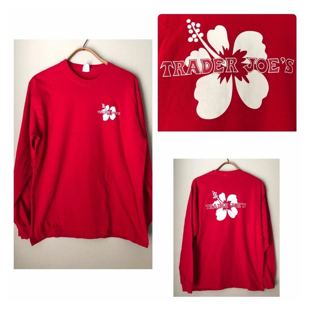 Trader Joe’s Official Hibiscus Logo Staff Employee Long Sleeve T-Shirt Red Men L